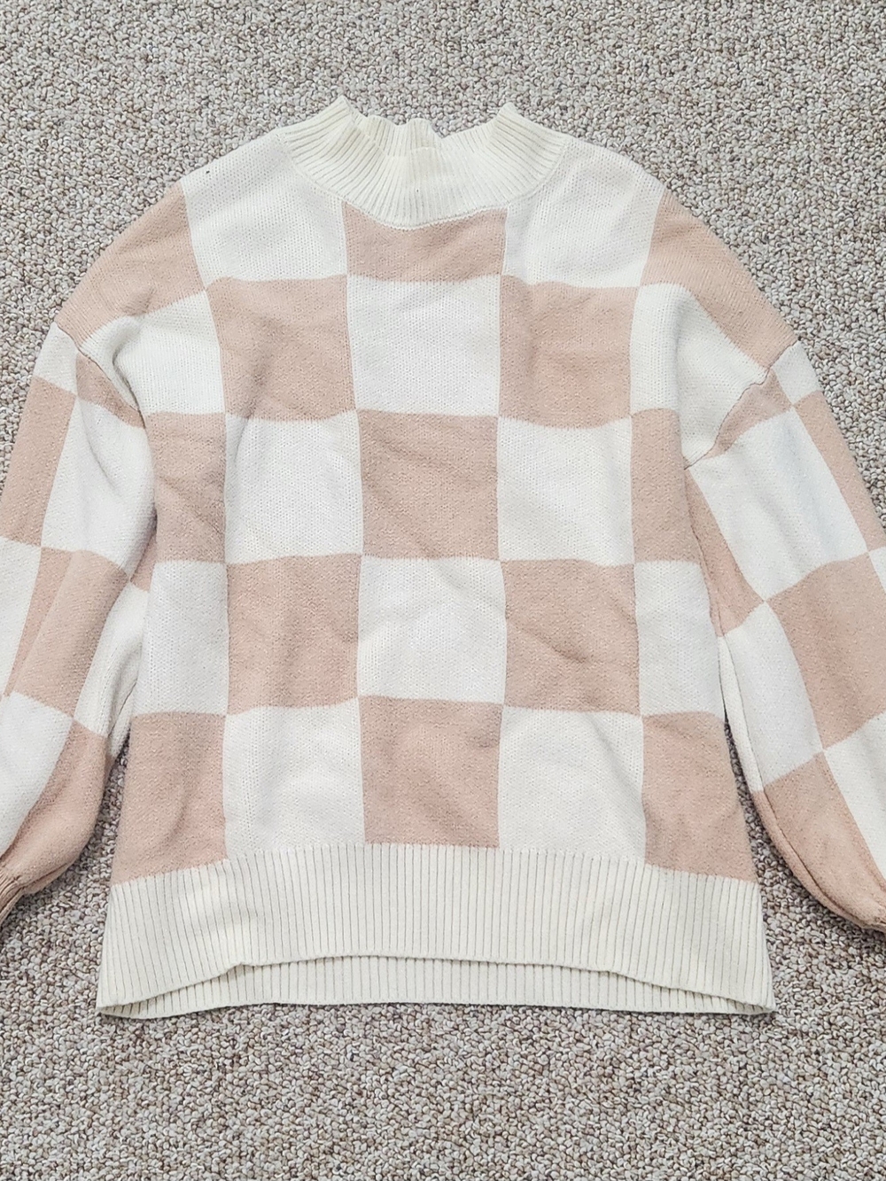 Checker Knit Crewneck Sweater in Cream and Beige